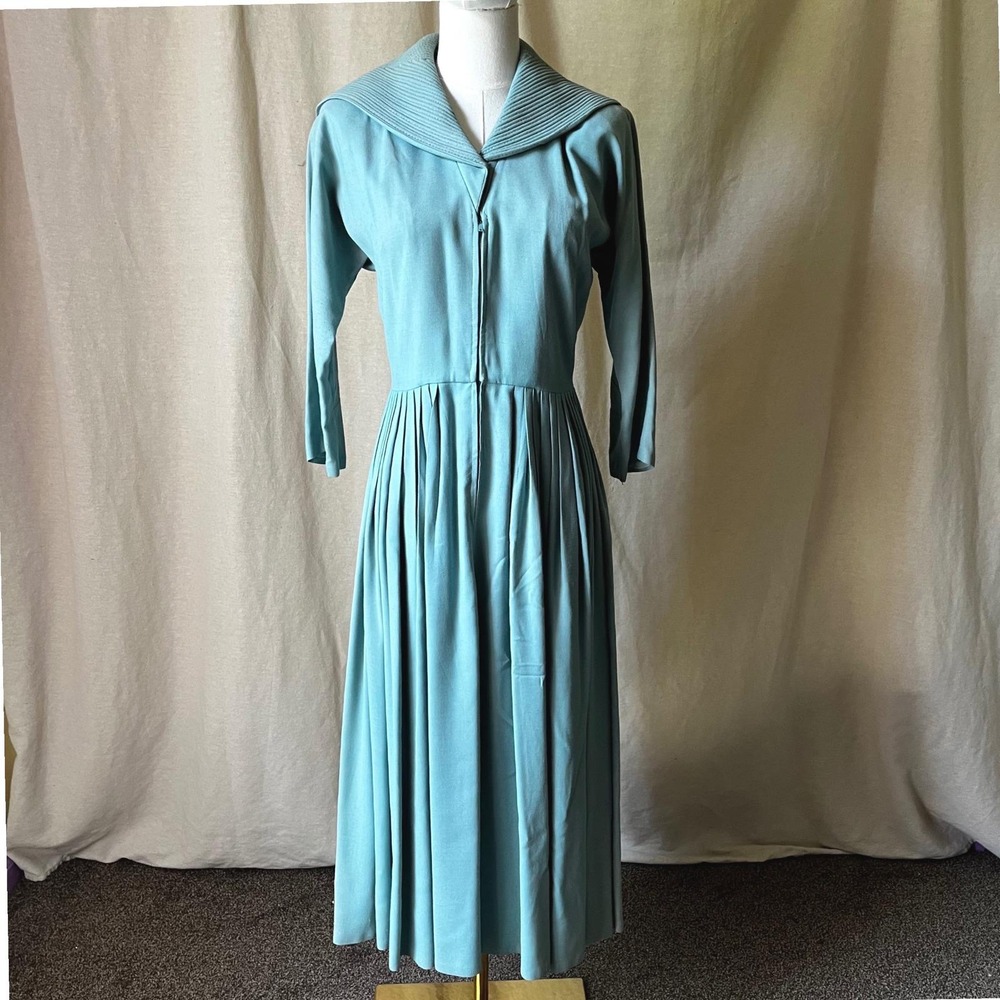 1950s Aqua Sailor Collar Dress Vintage Pleated Day Dress S/M‎